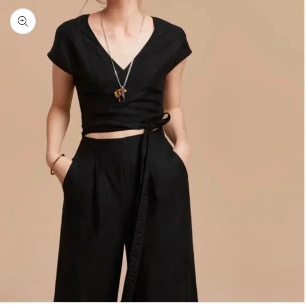 Aritzia Black Sleeveless Jumpsuit linen wide leg wrap top office casual neutral